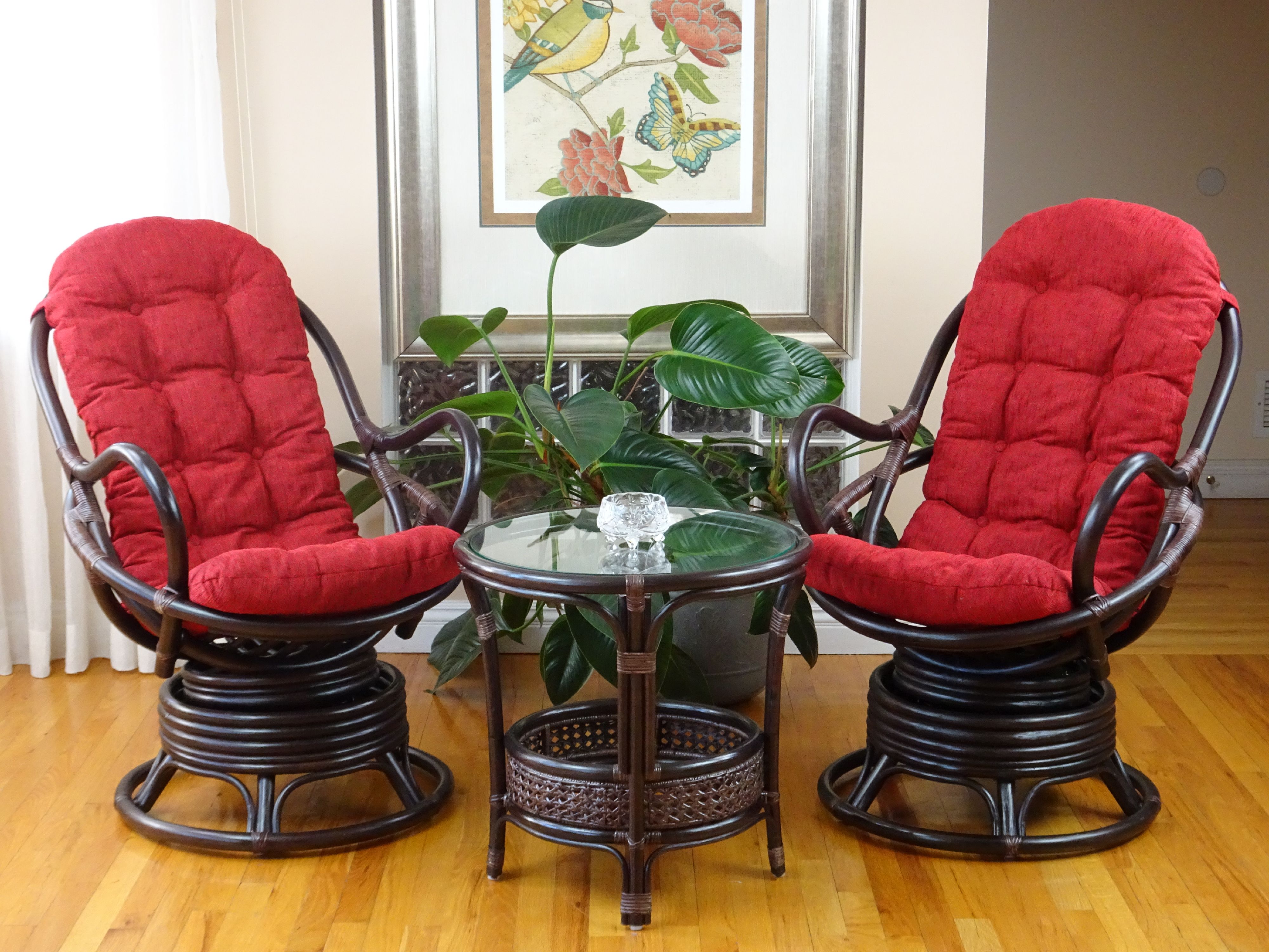SK New Interiors Java Swivel Rocking Lounge Chair Natural Rattan Wicker w/Burgundy Cushion, Dark Brown - image 3 of 6