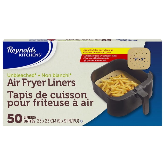 Box of Reynolds Kitchens unbleached parchment air fryer liners, 9 by 9 inches, contains 50 liners and shows fries cooking in an air fryer basket.