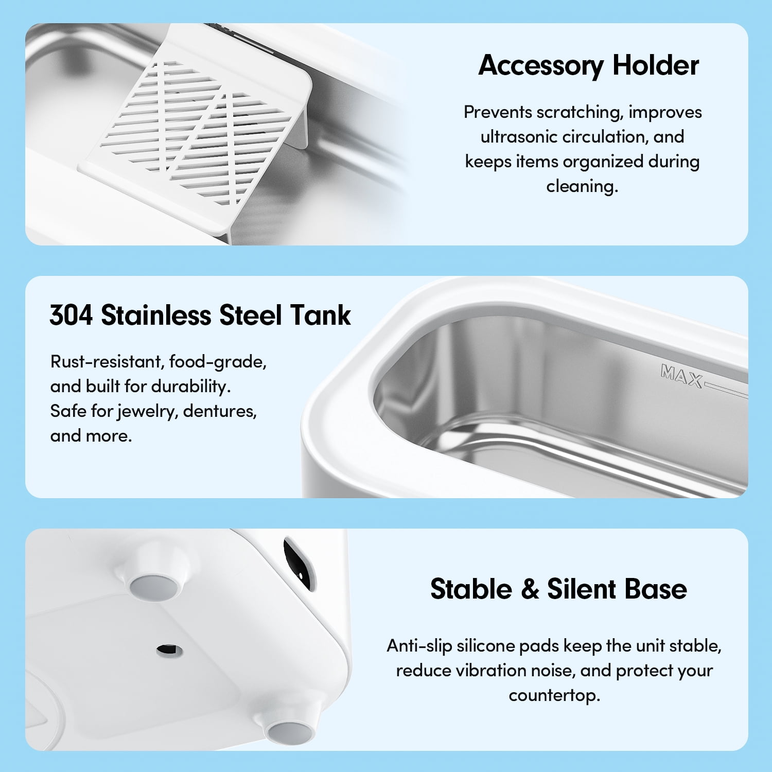 Askmuse Ultrasonic Jewelry Cleaner Machine, Ring Cleaner with Accessory Holder, 48KHz Deep Wash, 12oz 304 SS Tank, Dual Modes for Retainer, Denture, Glasses, Gold, Silver, Diamond Ring, Home Use Gift