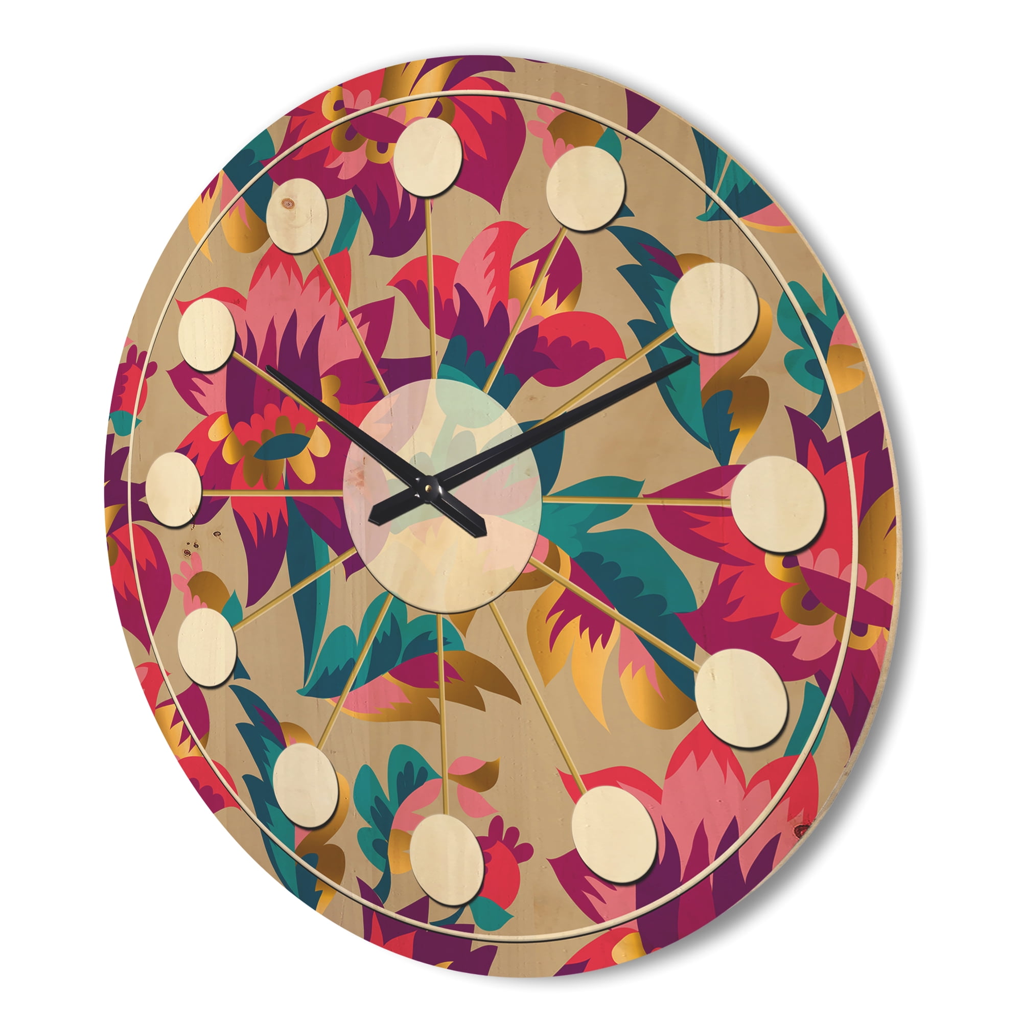 Designart 'Elegant blossom Retro pattern' Mid-Century Modern Wood Wall Clock