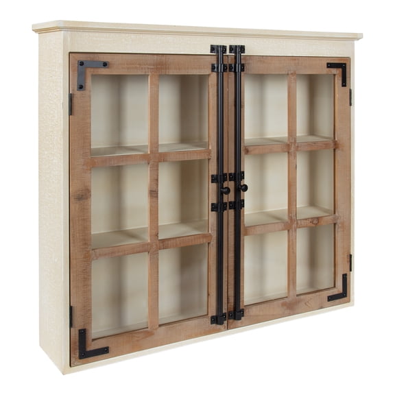 Kate and Laurel Hutchins Decorative Farmhouse Wood Wall Cabinet, 30" x 6.5" x 27.5", White and Brown, Wall Cabinet with Window Pane Glass Door