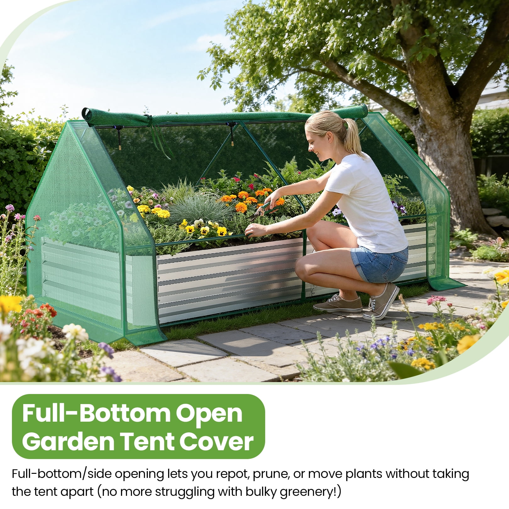 Funcid Galvanized Raised Garden Bed with Self Watering System and Mesh Cover, Outdoor Metal Planter Box 2 Roll-Up Doors Mini Greenhouse for Growing Flowers Fruits Vegetables and Herbs, 6x3x3ft(Green)