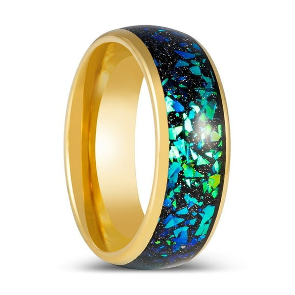 ABALUX | Yellow Gold Tungsten, Domed Ring, Abalone & Green Opal Inlay