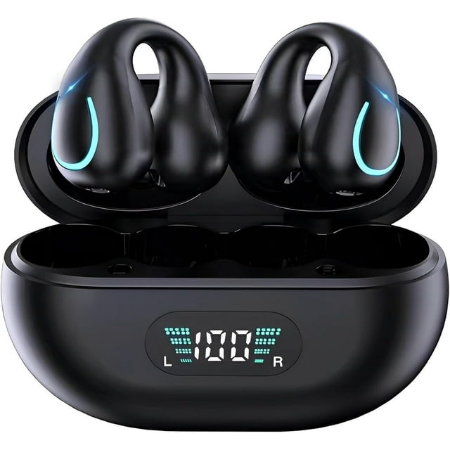Auriculares de conducción ósea de oído abierto, inalámbricos con Bluetooth y clip, con pantalla digital y estuche de carga de 60 horas.
