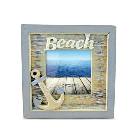 Ocean Pictures Framed Puzzled Beach 4 x 4 Distressed Wooden Photo Frame, 3D Ocean Anchor Decoration Rustic Finish Handcrafted For Tabletops Office Family Desktop Accent Accessory - Nautical Coastal Themed Home Decor ()
