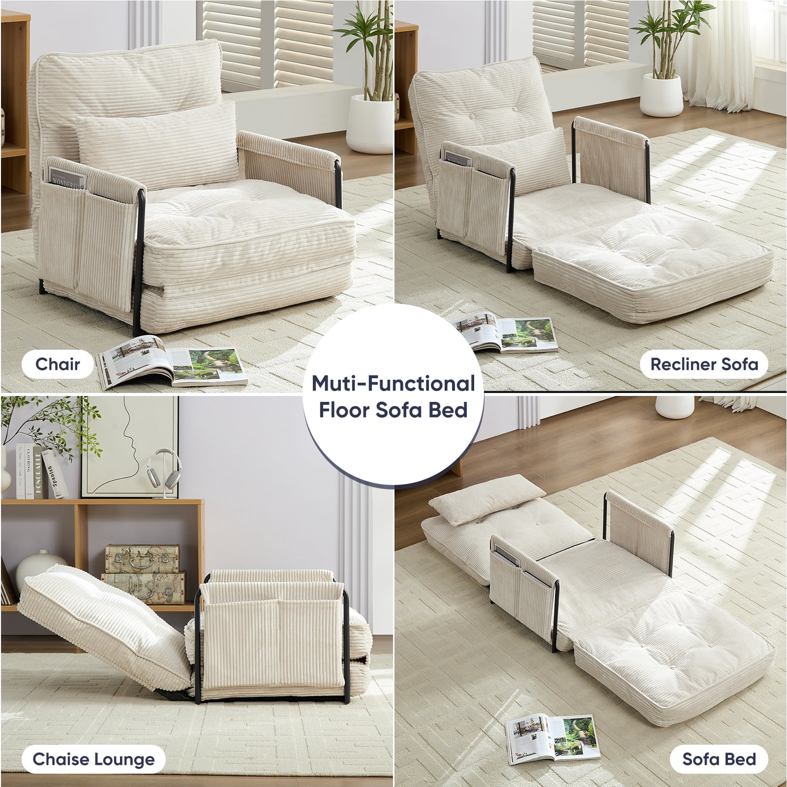BALUS Futon Folding Sofa Bed, 4-in-1 Floor Couch with Foldable Mattress, Convertible sofa beds for Living Room, Corduroy, Beige