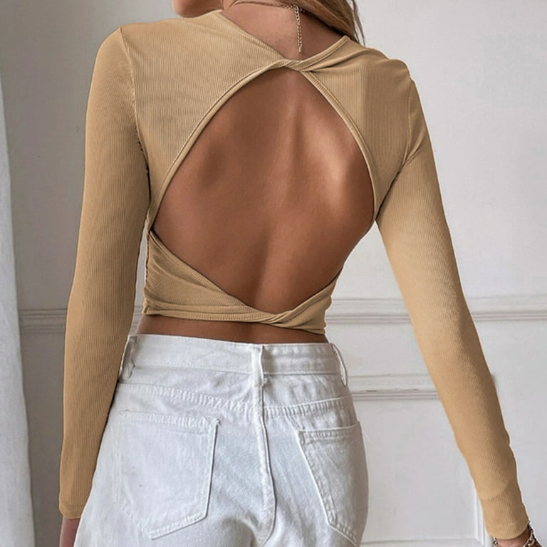 PMUYBHF Backless Top with Built in Bra Plus Size Womens Backless Casual  Cropped Slim Long Sleeve T Shirt Top Womens Fashion Womens Halter Tops with