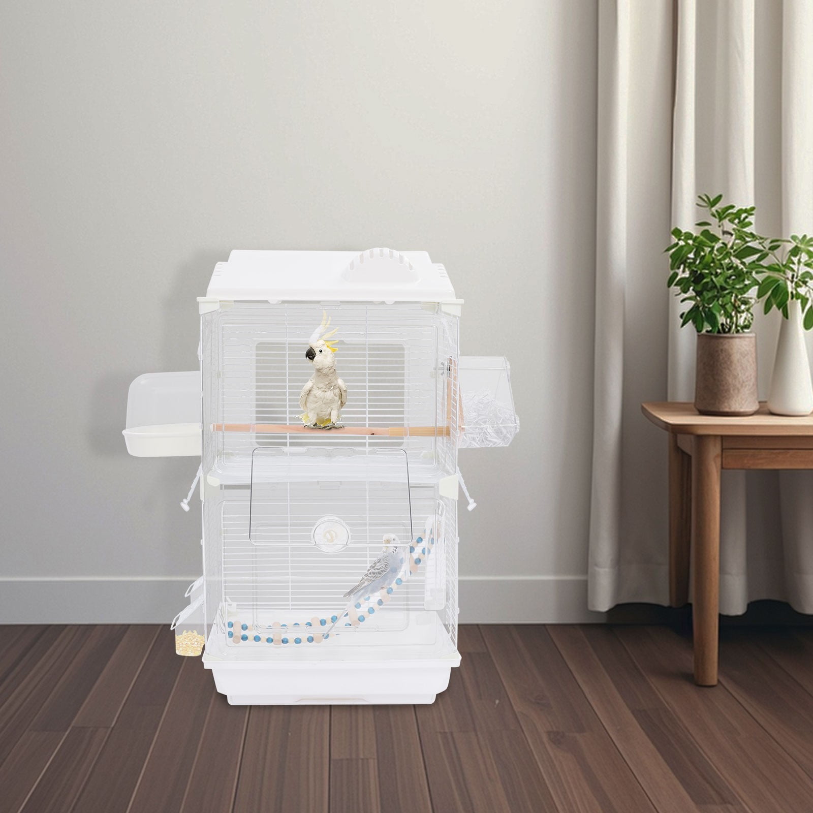Double-Tier Iron Wire Acrylic Bird Cage Freestanding House Shape Birdcage For Small Pet Birds