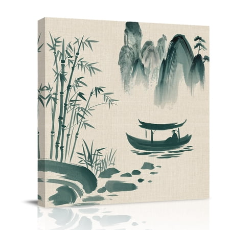 Ink Landscape Canvas Wall Art for Living Room Watercolor Chinese Style Mountain Ship Poster Print Painting for Bedroom Office Home Decoration Wall Pictures Prepare To Hang 16 x16