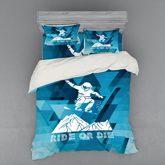 Ambesonne Adventure Bedding Set 4 Pcs, Ride or Die Sketch, Queen, Purple Blue White