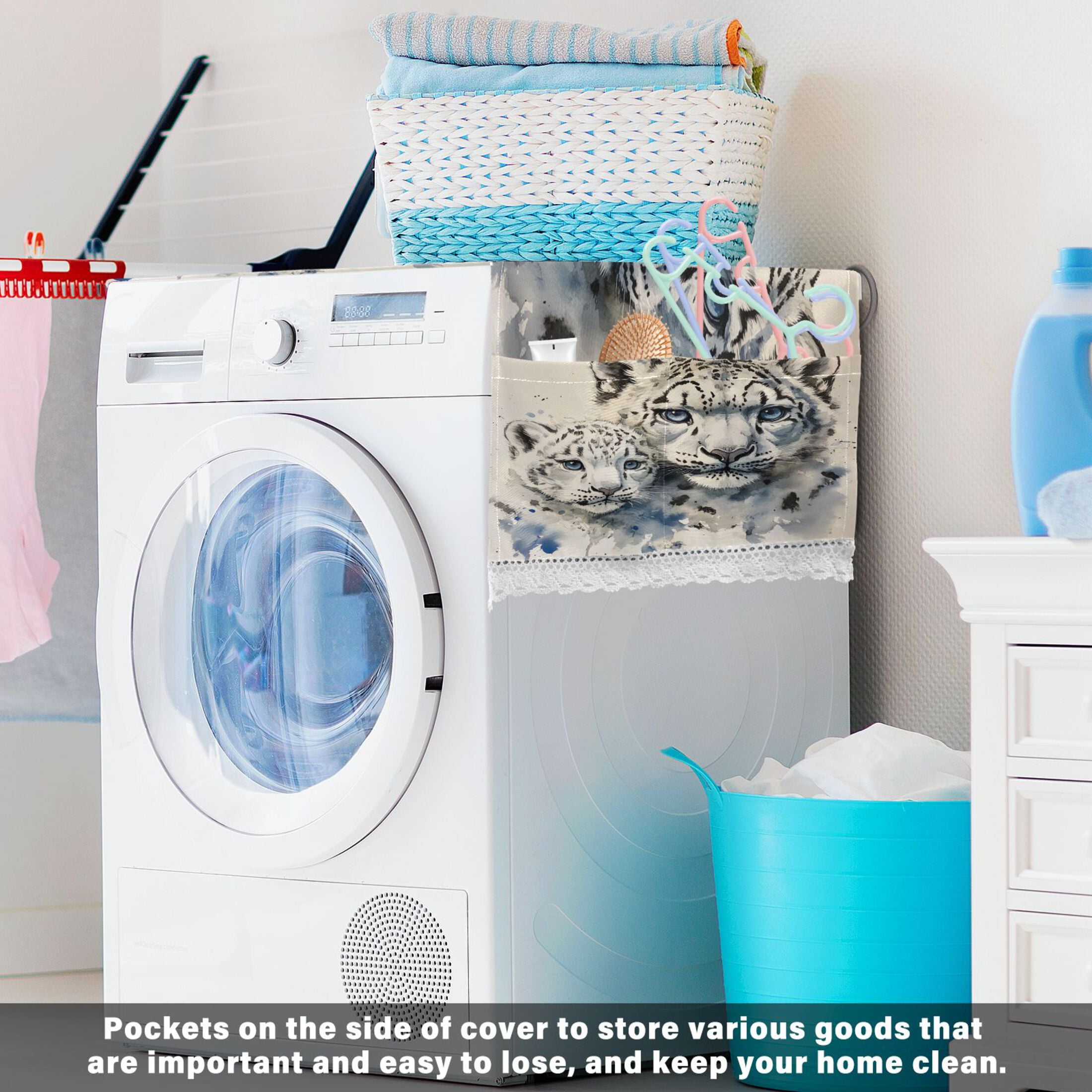 Two Snow Peopards PaintingWasher and Dryer Covers Dust-Proof and Oil Resistant Fridge Cover with 4 Storage Pockets Washing Machine Top Cover for Laundry Kitchen Home 51.2 x 22 In