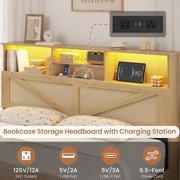 AOGLLATI Queen Size Bed Frame with Storage Drawers & Rattan Headboard - Boho LED Platform Bed with Charging Station, No Box Spring Needed
