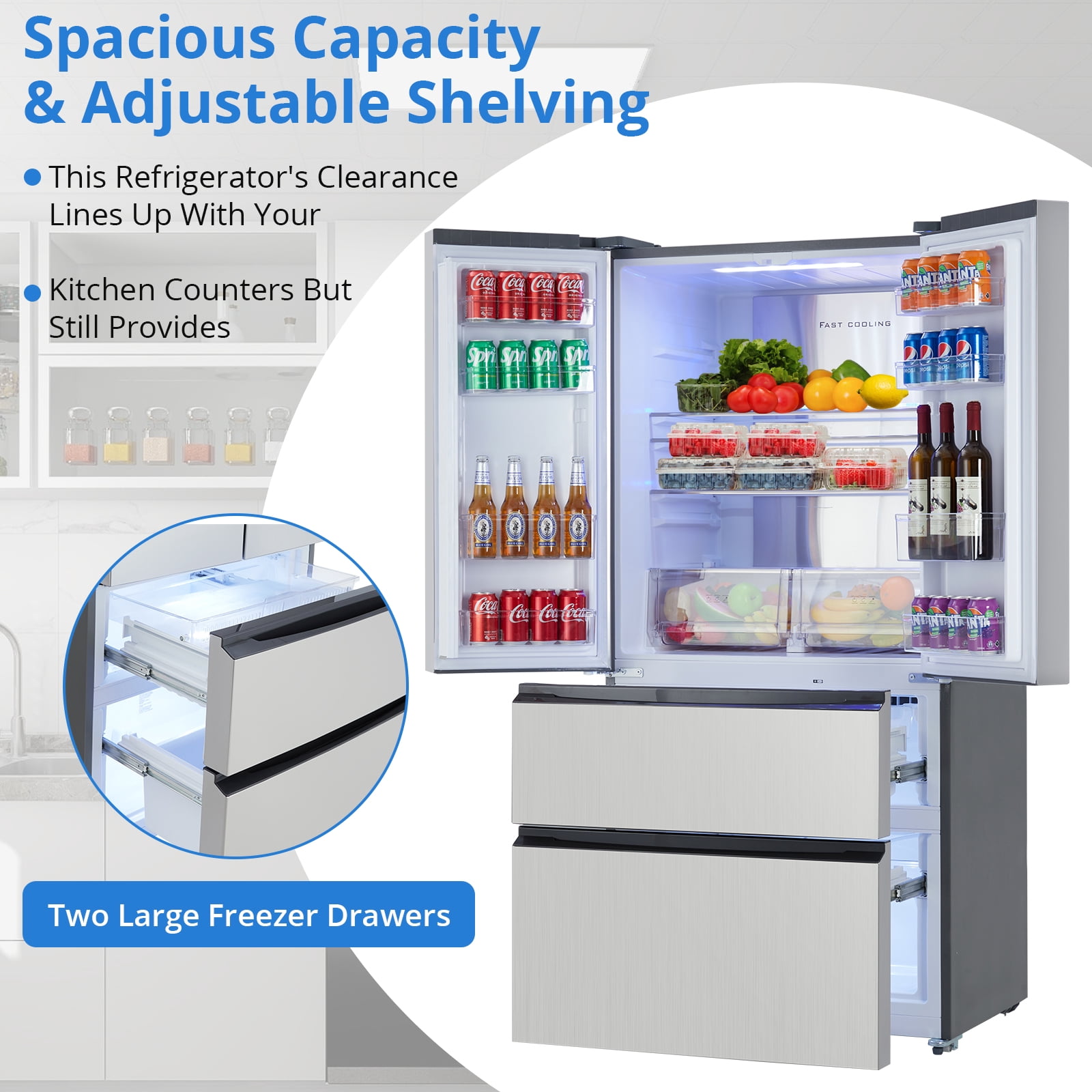 2025 New 18.75 Cu.ft French Door Refrigerator, 33 Inch Large Capacity Stainless Steel Fridge, Full Size Bottom Freezer Frost-free Counter Depth Fridge, with 2 Doors & 2 Drawers