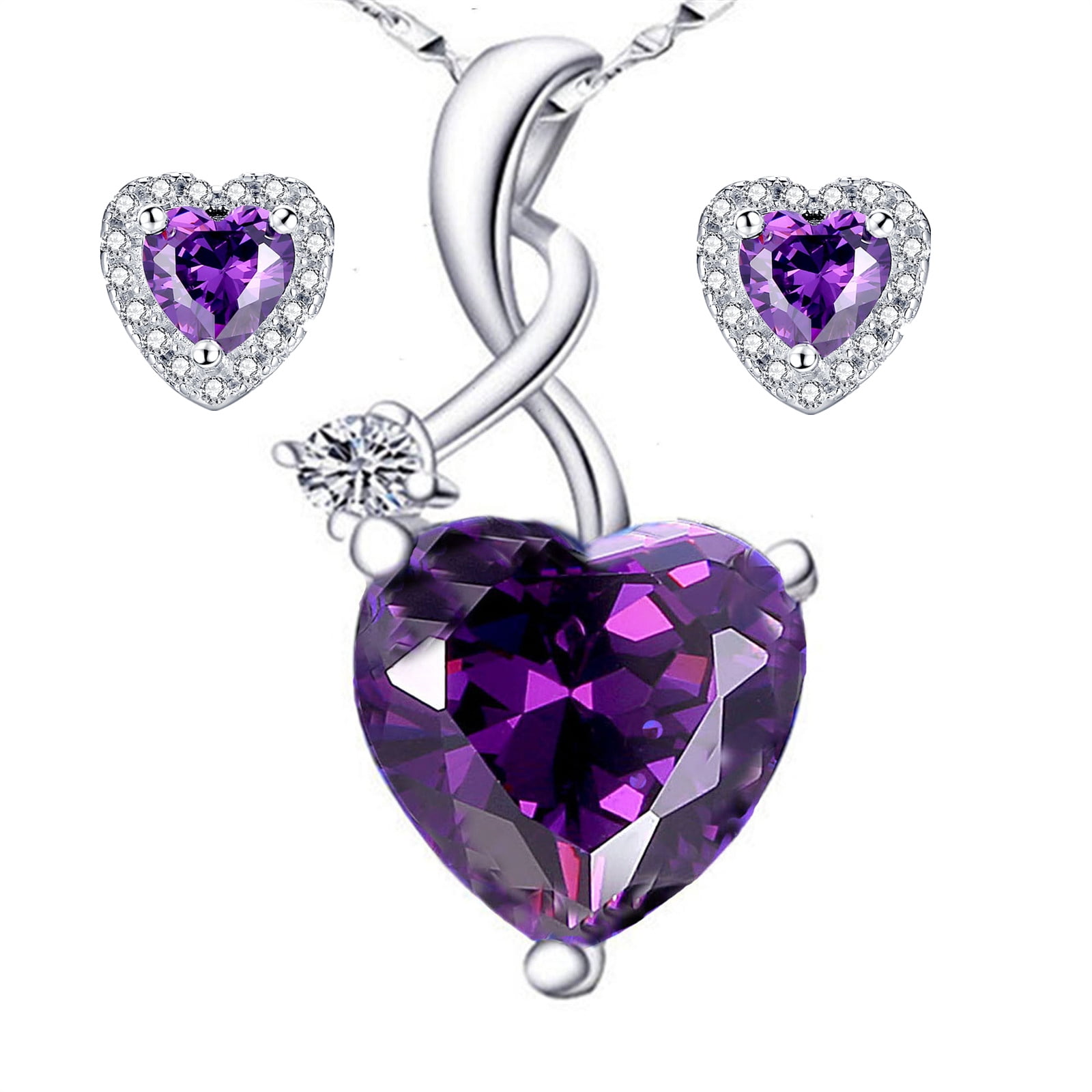 925 Sterling Silver Womens CZ Cubic Zirconia Simulated Diamond 2 Two Purple Stone Love Heart Charm Pendant Necklace Jewelry Gifts for Women