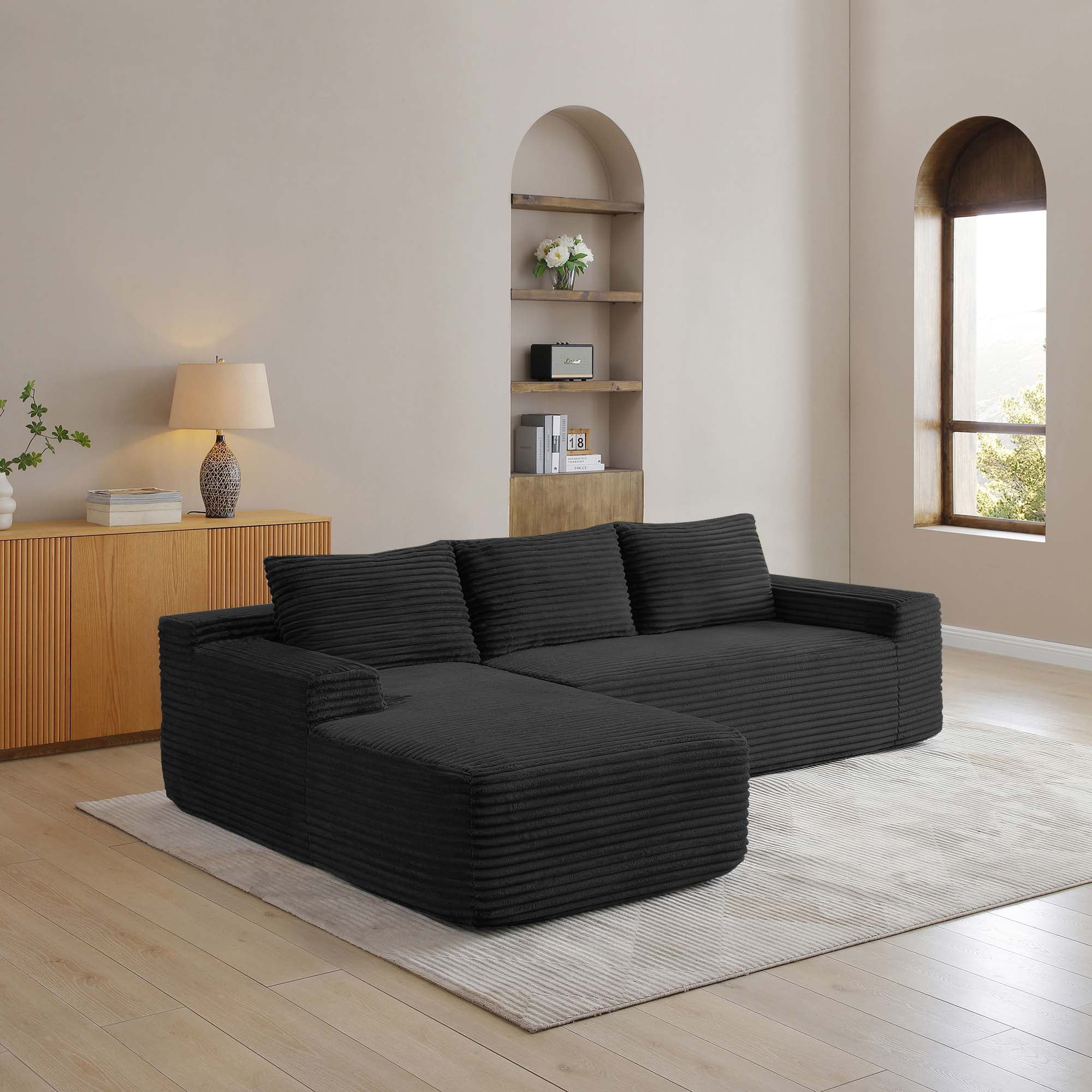 Miniyam Move-in Ready 97" Sectional, L-Shape Deep Seat & Chaise, No Assembly, Corduroy (Left Facing Chaise, Black)