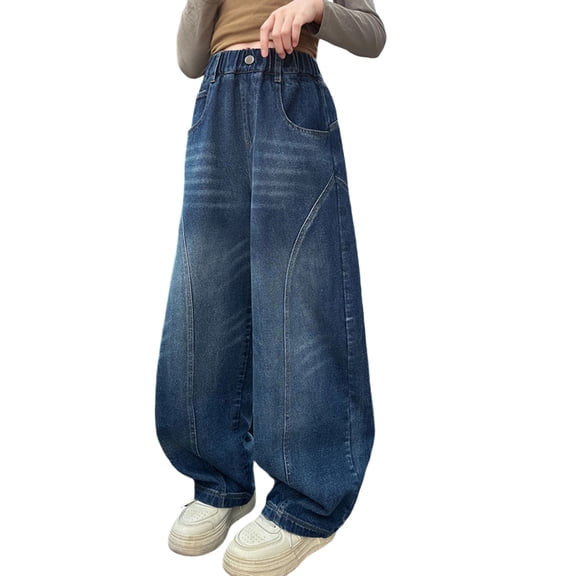 PLHWHYQ Girls Baggy Wide Leg Jeans, Elastic High Waist Loose Denim Long Pants, Kids Casual Relaxed Fit Trousers for Daily Wear Blue 13-14 Years