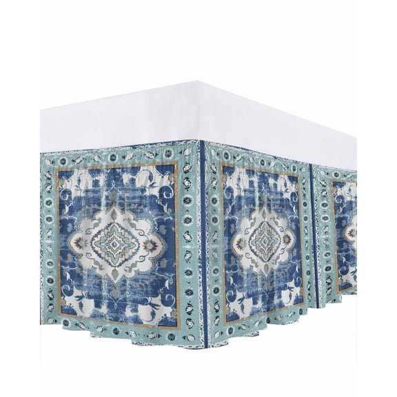 Retro Ethnic Bed Skirt Tribal Boho Blue Vintage Oriental Bed Skirts King Size 16 Inch Drop, Wrap Around Dust Ruffle Bedskirt with Adjustable Elastic Belt for Queen Size Beds