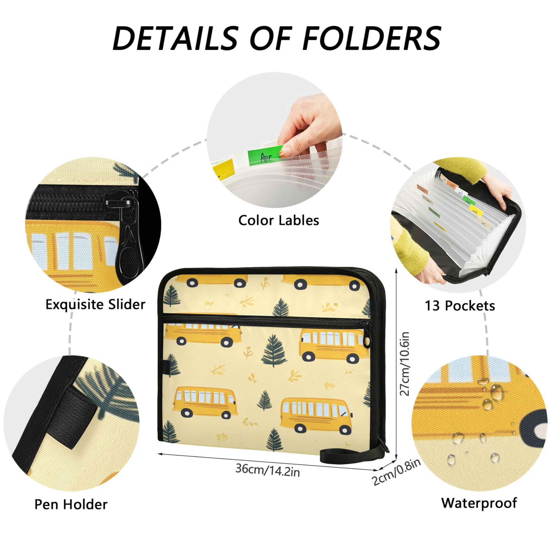WOBOGO Yellow Kindergarten School Bus Pattern Expanding File Folder Letter Size Accordion Filing Organizer 13 Pocket Separate Organ Pocket