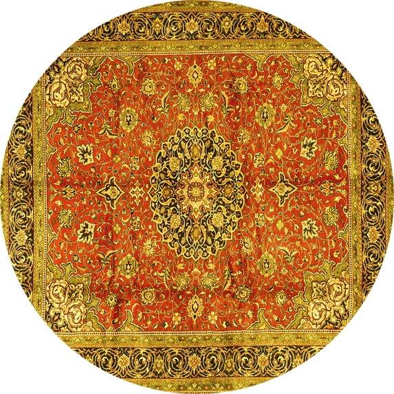 Ahgly Company Machine Washable Indoor Round Medallion Yellow Traditional Area Rugs, 3' Round