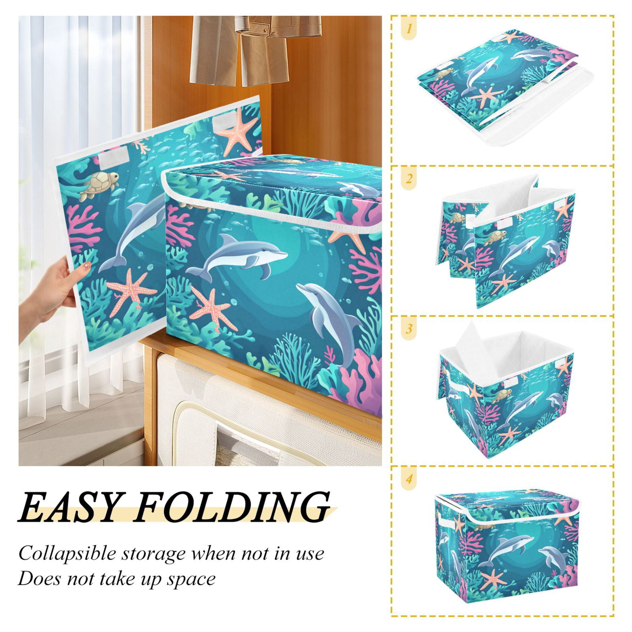 WOBOGO Dolphin Playful Picture Large Collapsible Storage Box Flip Lid Fabric Decorative Organizer Container Basket with Handles 16.5×12.6×11.8in