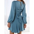 thumbnail image 6 of KelaJuan Women Spring Casual A-line Dress Solid Color Round Neck Long Lantern Sleeve Dress Fashion Back Tie-Up Mini Dress, 6 of 6