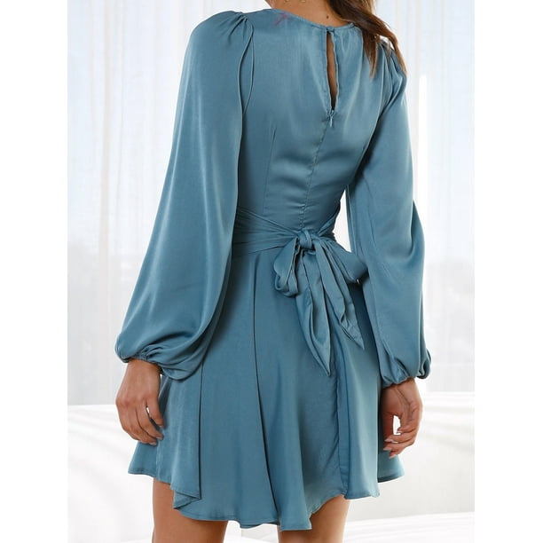 SUNSIOM Women Spring Casual A-line Dress Solid Color Round Neck Long  Lantern Sleeve Dress Fashion Back Tie-Up Mini Dress 