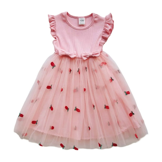 Robes Décontractées pour Filles, Été, Broderie Florale, Col Rond, Manches Volantes, Nœud, Robe de Plage, Rose, 5-6 Ans