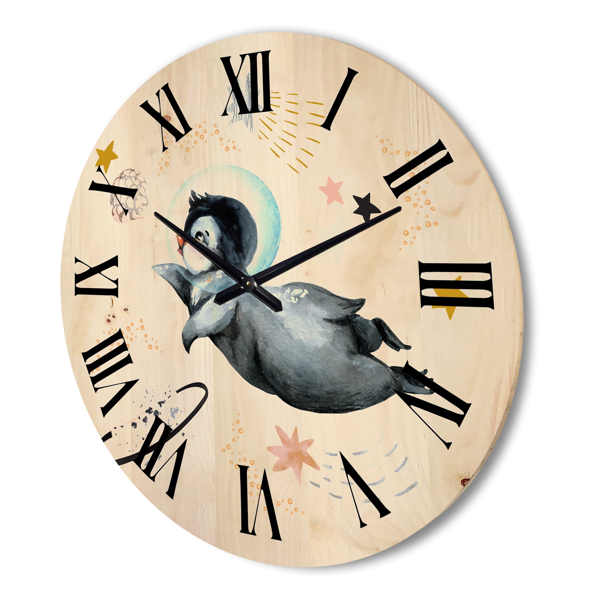 Designart 'Little Penguin Flying Planets and Stars II' Farmhouse Wood Wall Clock