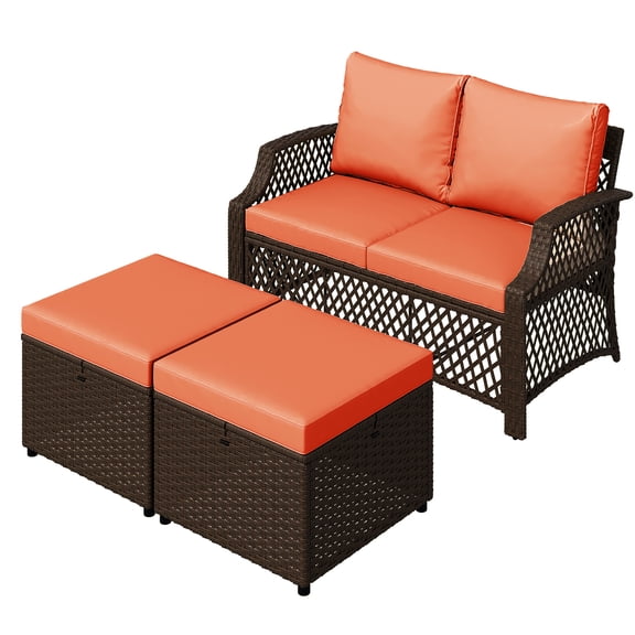 Homrest 3 Piece Patio Sofa,Outdoor Loveseat Couch w/ Ottoman & Cushions, All-Weather PE Wicker Patio Furniture, Outdoor Seating for Porch, Poolside, Garden, Deck(Orange)