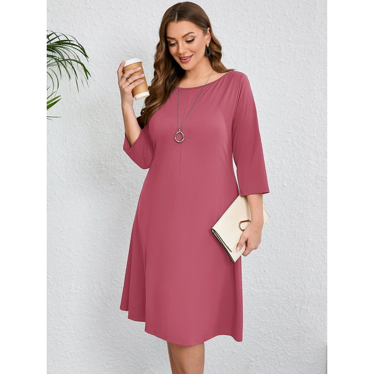 SHOWMALL Womens Plus Size Casual Dresses Purple Red 3X Shift Dresses 3 4 Sleeves Casual Dress Boat Neck Flowy Dress with Pockets