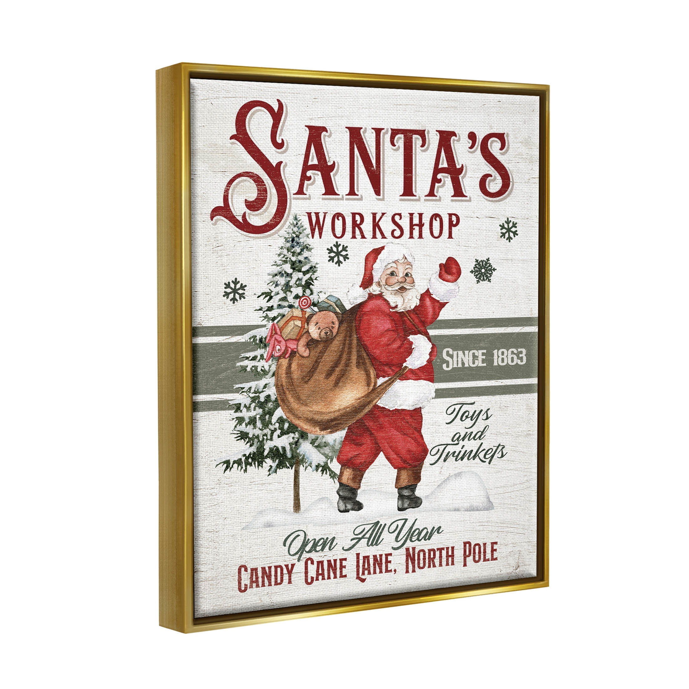 Santa's Workshop Weathered Vintage Sign Holiday Graphic Art Metallic Gold Framed Art Print Wall Art