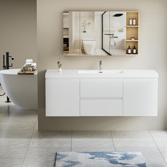 Spaco 60" Floating Bathroom Vanity with Sink, Modern Wall-Mounted Bathroom Storage Vanity Cabinet with Resin Top Basin and Soft Close Drawers, White