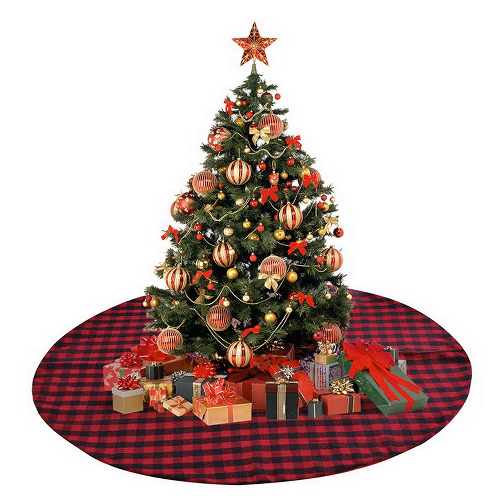 Souarts 48 Inches Christmas Tree Skirt Red and Black Plaid Christmas Decoration Ornaments Holiday Party Mat Xmas Buffalo Double Layers