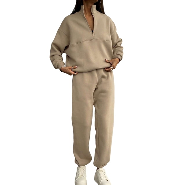 Conjunto Deportivo de 2 Piezas para Mujer: Sudadera de con Media Cremallera y Pantalón de Chándal Caqui L