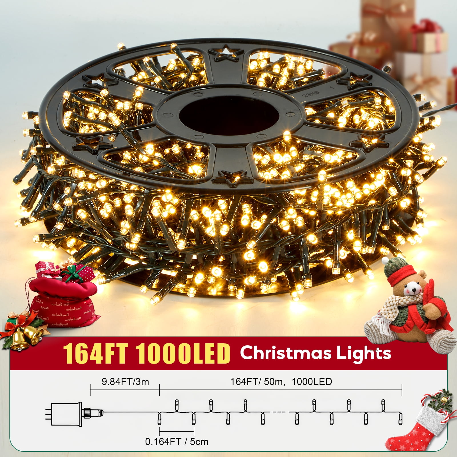 Hishine Outdoor Christmas Lights 164FT 1000LED, String Lights Indoor 8 Modes Waterproof Plug in Christmas Tree Light for Holiday, Warm White