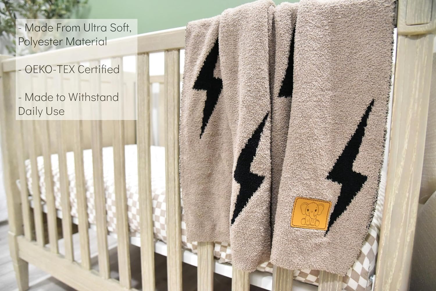 Lightning Bolt Baby Blanket 28"x40" with Leather Patch - Soft Knitted Throw - Receiving Blanket/Newborn Gift Essential for Nursery Black/Brown