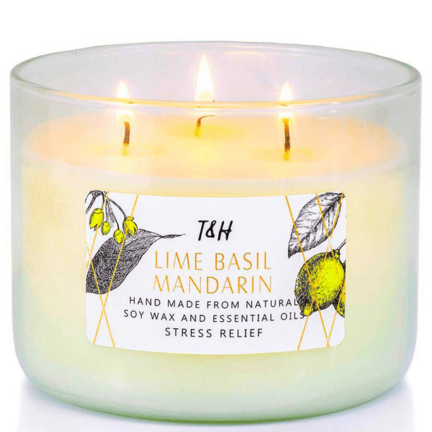 Lime Basil Mandarin 3 Wick Aromatherapy Candle For Stress Relief All