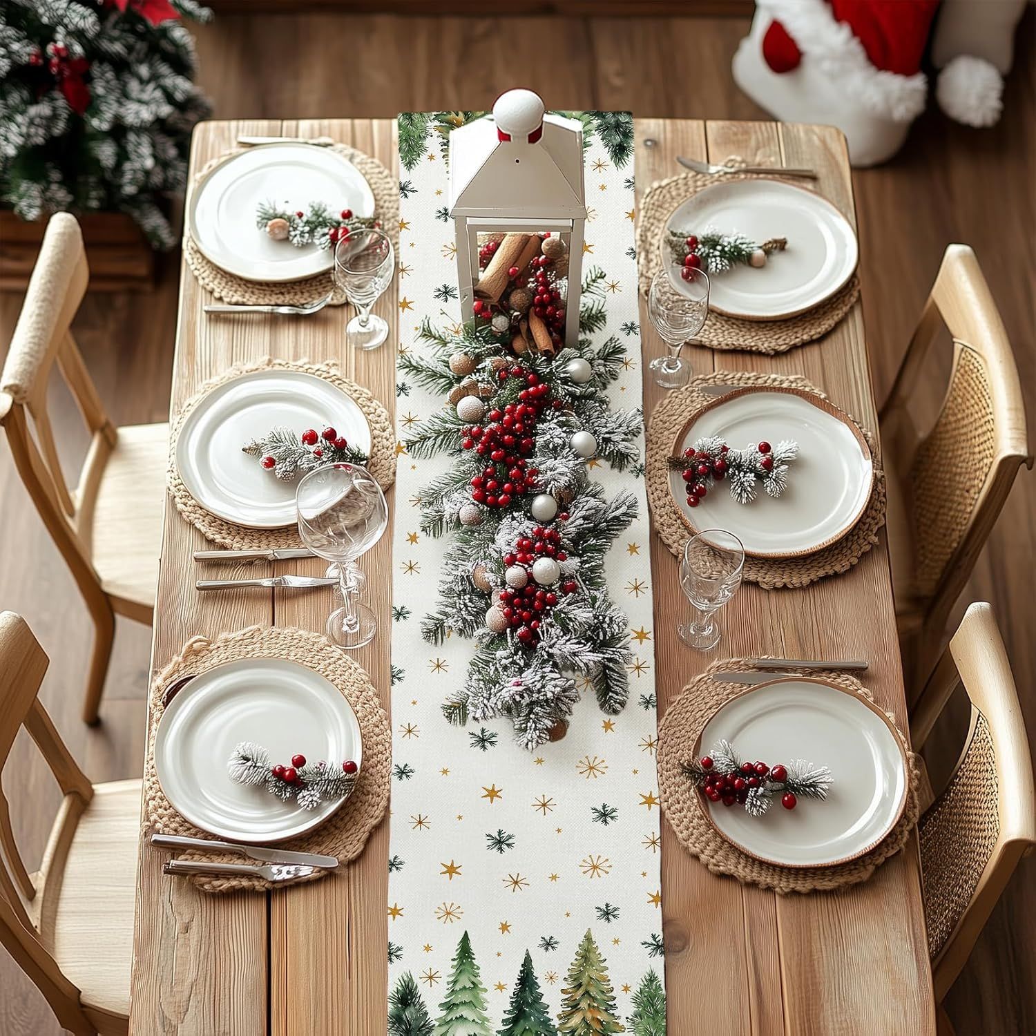 Christmas Table Runner 13x90 Inch, Xmas Trees Snowflakes Holiday Decorative Farmhouse Table Decoration for Kitchen Dinning, Indoor Outdoor Dinner Party Decor