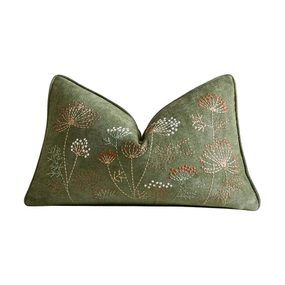 Rustic Wildflower Embroidered Lumbar Pillow Cover, Fuzzy Yarn Vintage Floral Rectangular Cushion Case for Sofa Bed Bench Chair and Farmhouse Home Decor