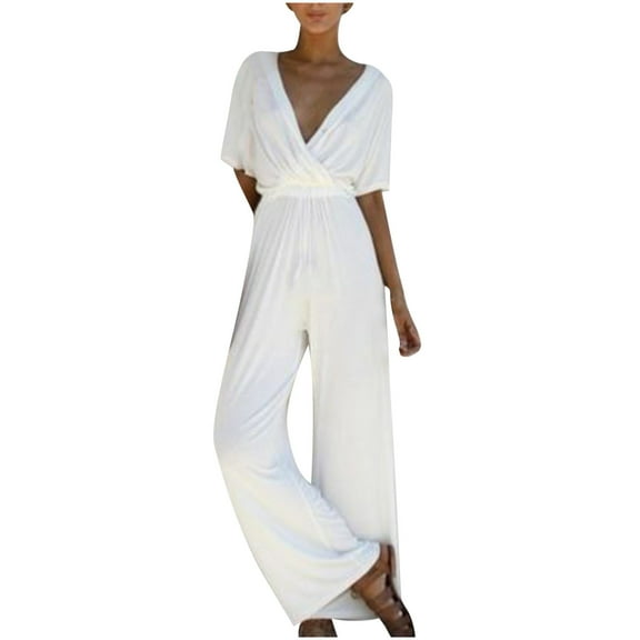 Odeerbi Jumpsuit for Women Solid Color V-Neck Romper 2025 Casual Broad Legs Chiffon Body Suit White