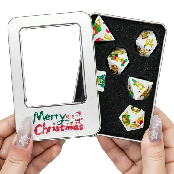 SWAJUJA Christmas Themed DND Dice Set White Christmas Themed with Gift Box 7 Piece,Holiday Party Game and RPG Role Playing Dice