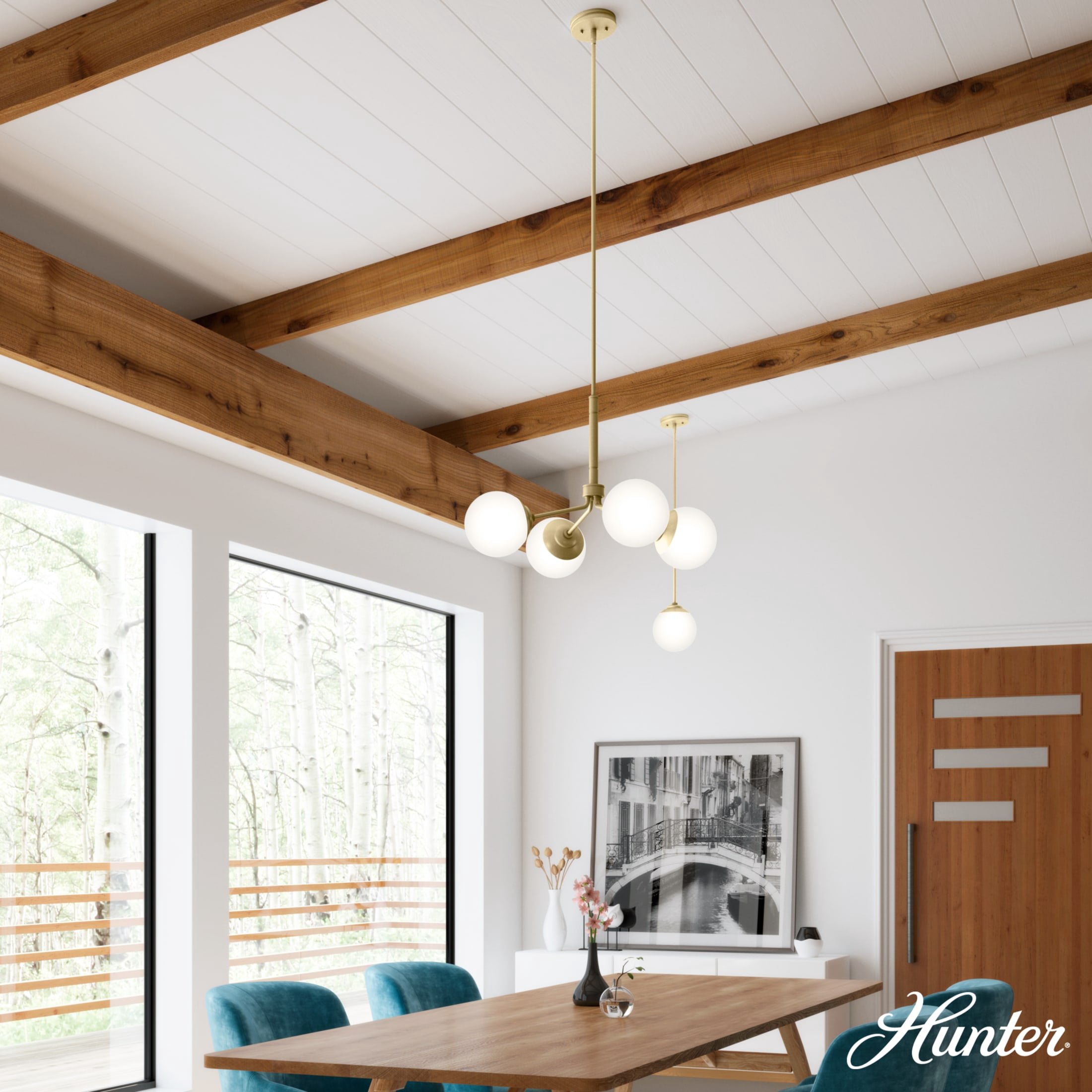 Hunter - Hepburn 4-light Modern Brass, Large Chandelier, Dimmable, Modern Style, Sputnik Shaped, for Bedrooms, Dining, Living Rooms - 19016
