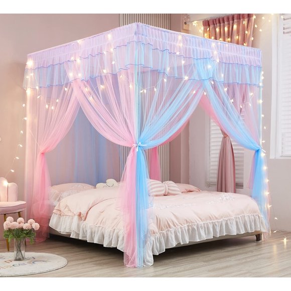 Cortinas de cama con dosel Mengersi Rainbow con luces para cama doble