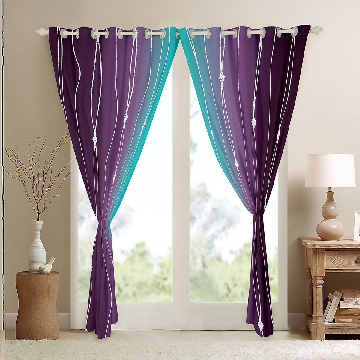 Erosebridal Teal Gradient Curtains & Drapes Purple Ombre Blackout Curtains, Rainbow Watercolor Curtains Geometric Wave Black Out Curtains, Abstract Lines Window Drapes Home Decorations