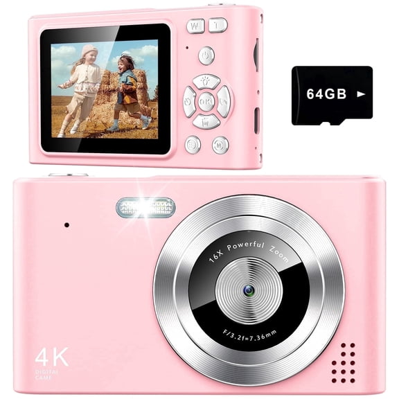 Digital Camera, Camera for Kids, UHD 4K 48MP Point and Shoot Digital Cameras with 64GB SD Card and 16X Digital Zoom Anti Shake, Compact Portable Small Gift for Boys Girls Students, Pink