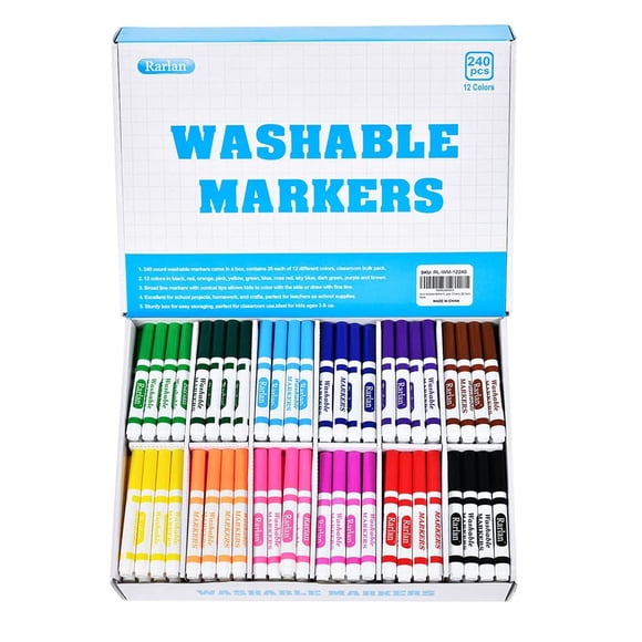Rarlan Marcadores lavables a granel, marcadores para niños, paquete a granel, 12 colores, 240 unidad