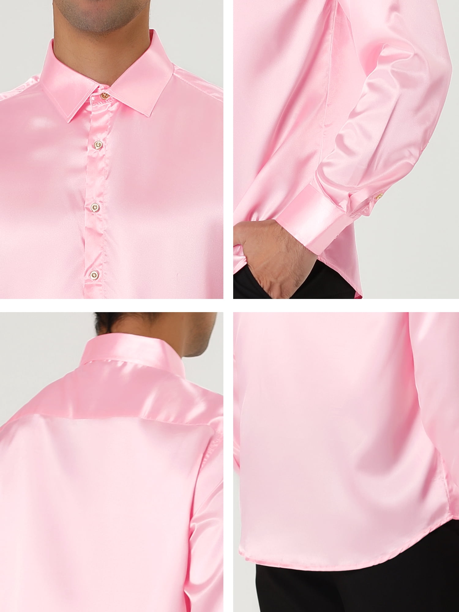 Unique Bargains Men's Satin V Neck Long Sleeves Button Down Prom Shirts 2XL Pink