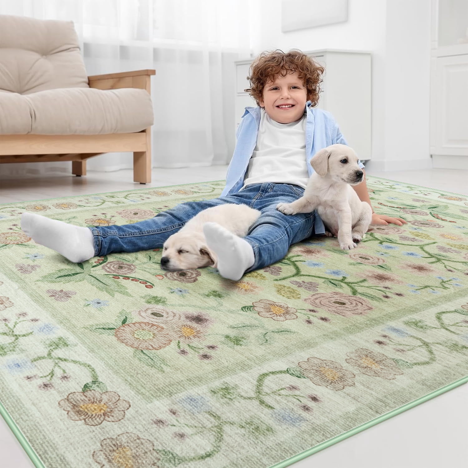 Ultrug Floral Area Rug Soft Non Slip Vintage Rugs for Living Room Bedroom Home Deocr Flower Carpet,6'x9',Green