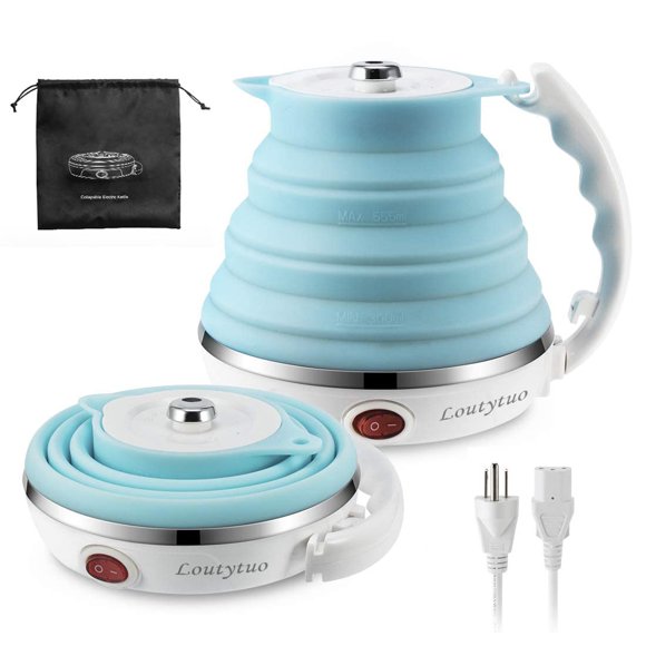 120V 555ML Ultrathin Travel Foldable Electric Kettle with Separable Power Cord and Handle, Boil Dry Protection, Food Grade Silicone