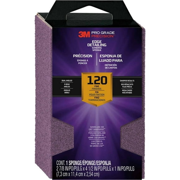 3M 24301TRI-F-DA 2-7/8 » x 4.5 » (120 Grit) Pro Grade Precision Edge Detailing Dual Angle Sanding Sponge